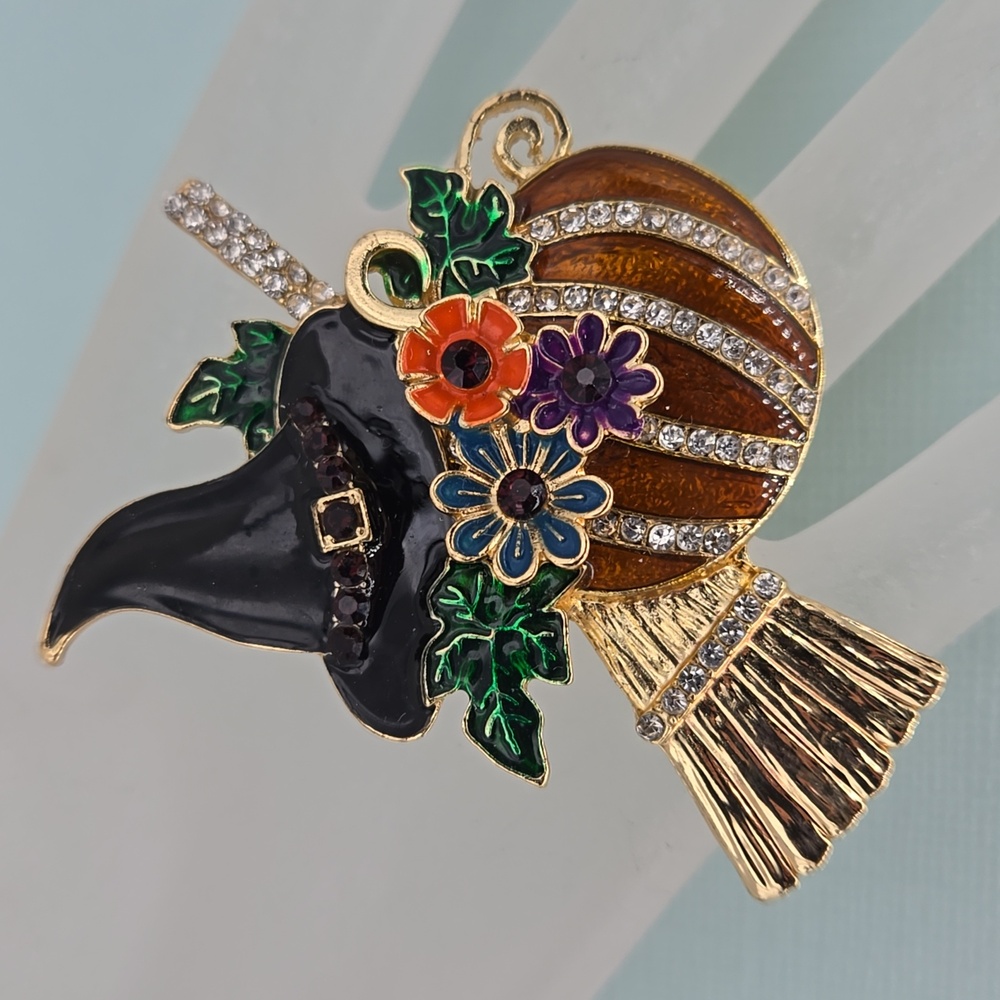 Halloween Witch's Hat, Broom, Pumpkin & Flower Brooch